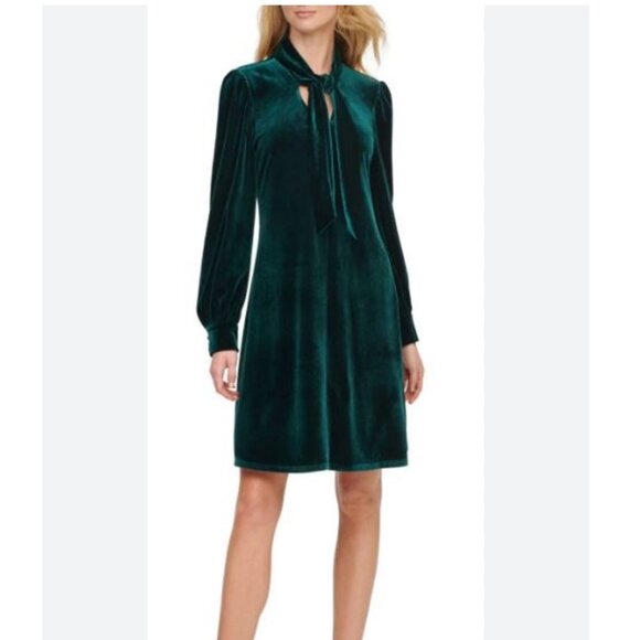 Calvin Klein Velvet Tie-Trimmed Malachite‎ Long Sleeve Dress Size 8 NEW WITH TAG - Picture 1 of 6